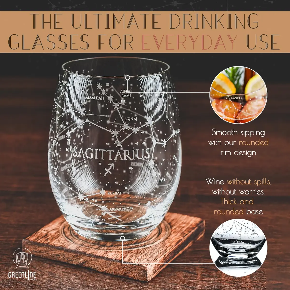 Greenline Goods Sagittarius Zodiac Stemless Wine Glasses 15 oz | Hand Etched Astrology Sign - view 2