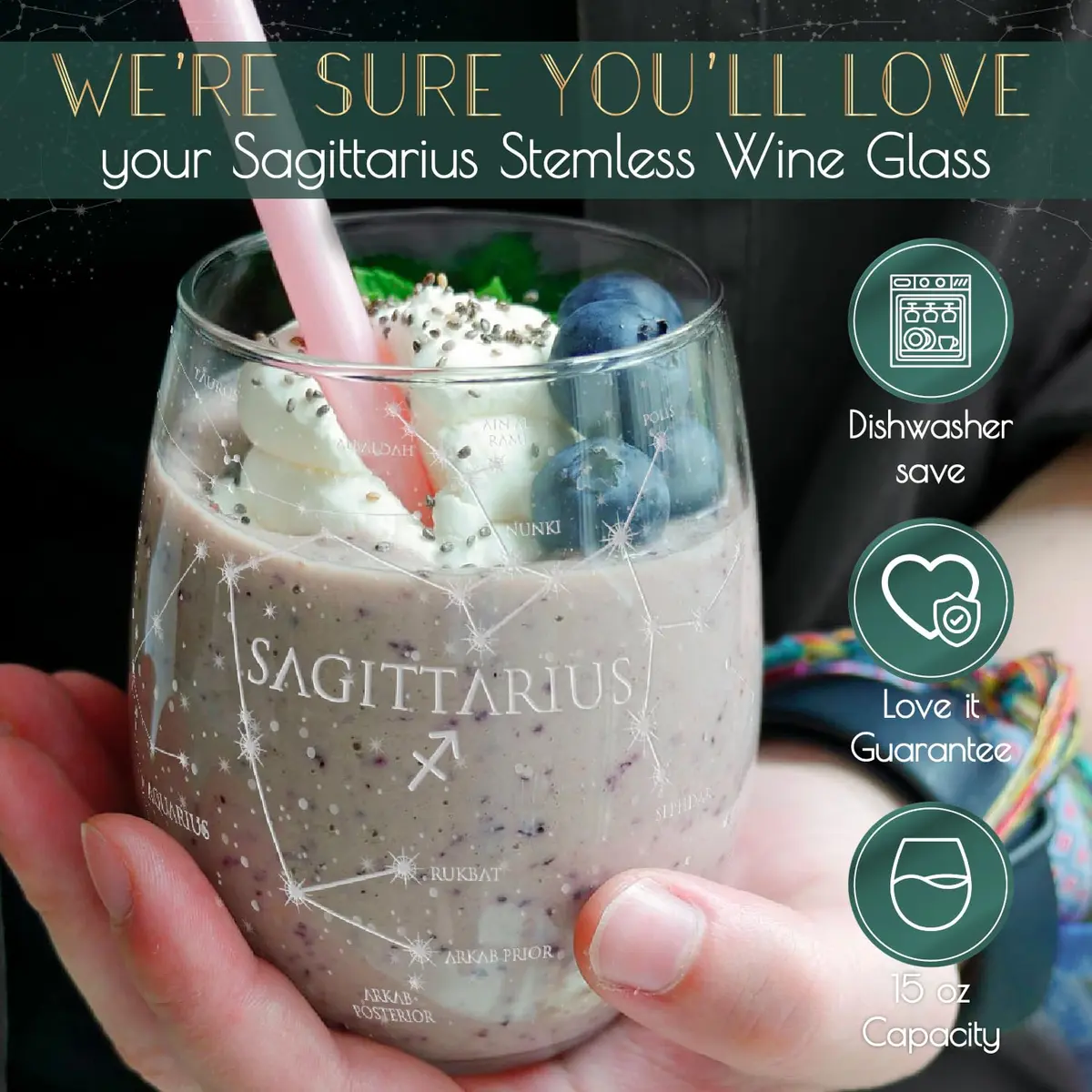 Greenline Goods Sagittarius Zodiac Stemless Wine Glasses 15 oz | Hand Etched Astrology Sign - view 3