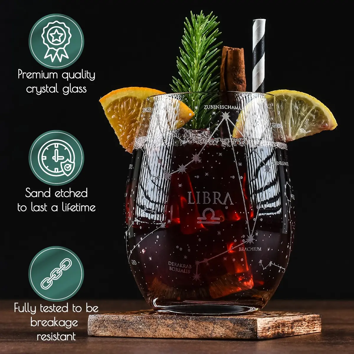 Greenline Goods Libra Zodiac Stemless Wine Glasses 15 oz | Astrology Sign Glassware - view 4