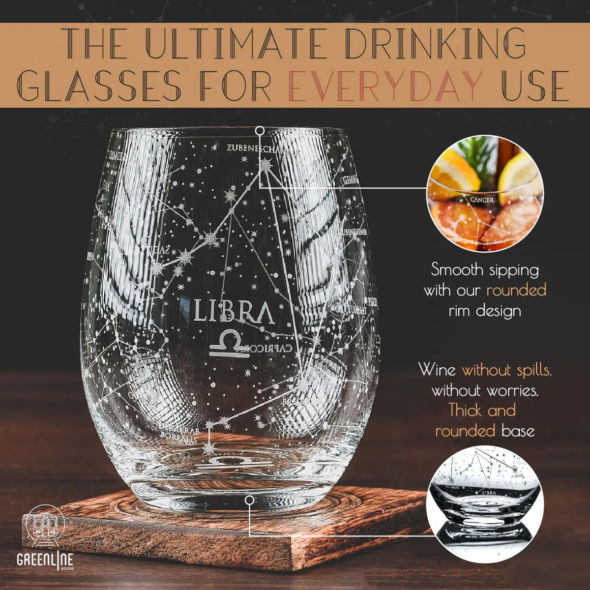 Greenline Goods Libra Zodiac Stemless Wine Glasses 15 oz | Astrology Sign Glassware - view 2