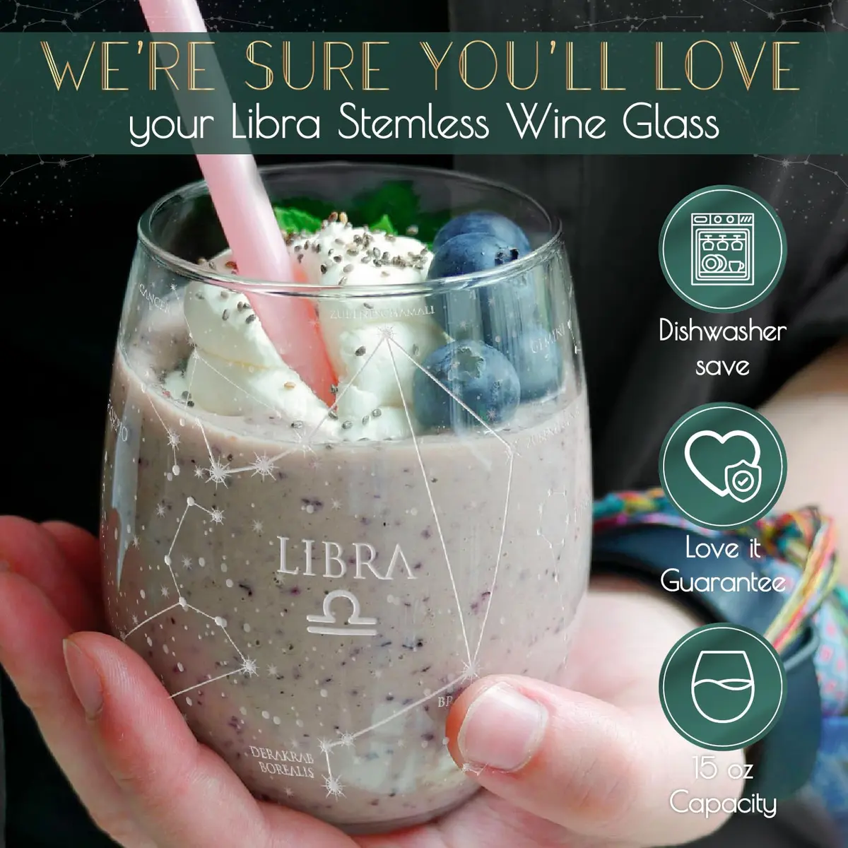 Greenline Goods Libra Zodiac Stemless Wine Glasses 15 oz | Astrology Sign Glassware - view 3