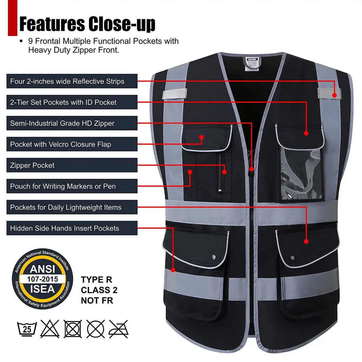 HATAUNKI Class 1 Retro-Reflection Safety Vest X-Large | 9 Pockets & ANSI/ISEA 107-2015 - view 2