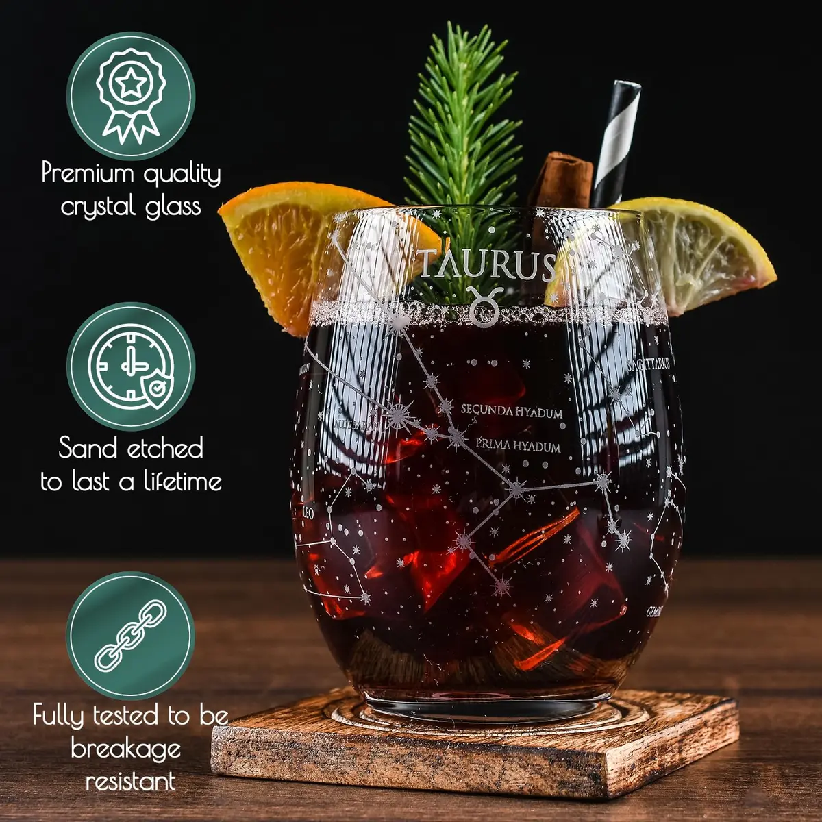 Greenline Goods Taurus Zodiac Stemless Wine Glasses 15 oz | Hand Etched Astrology Sign - view 4
