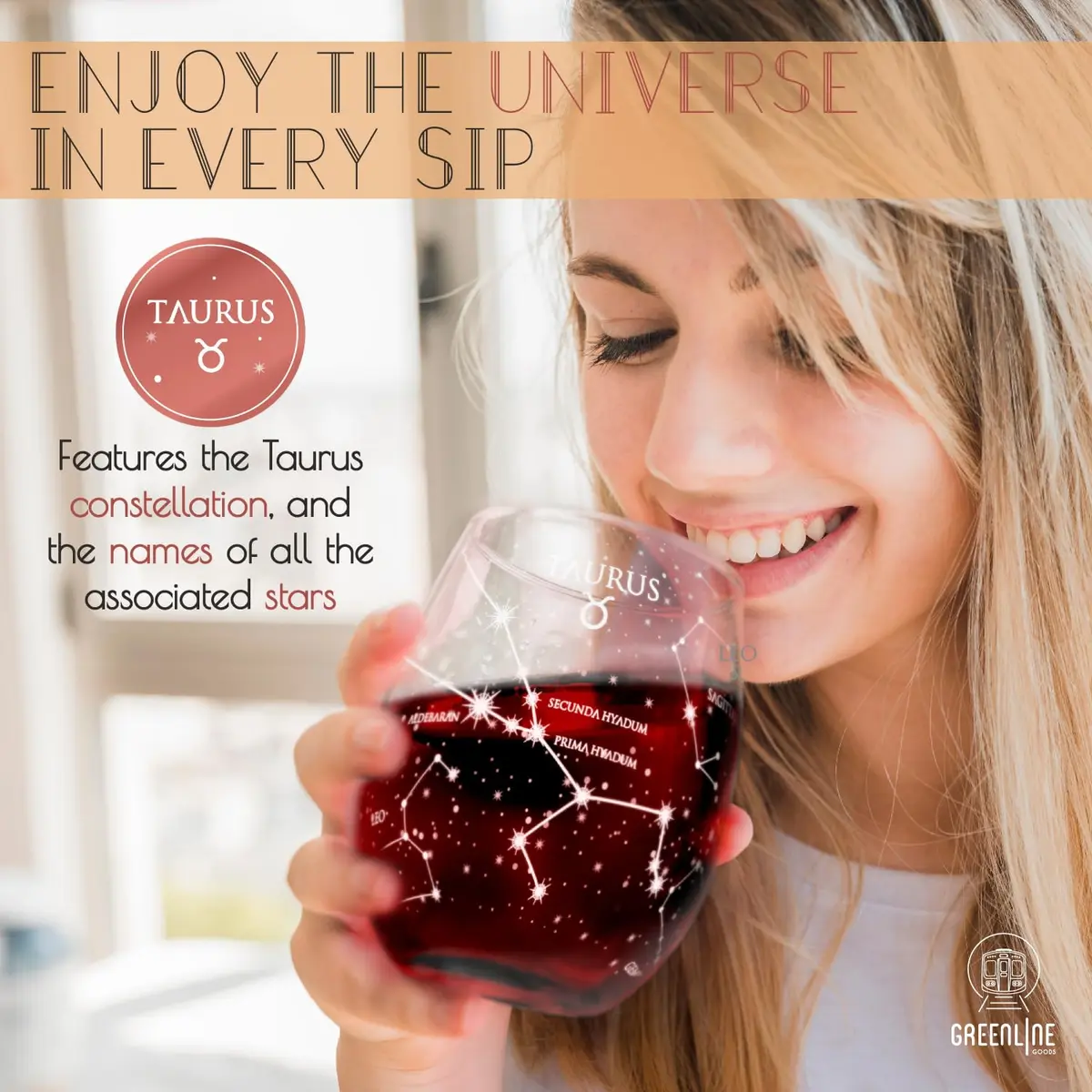 Greenline Goods Taurus Zodiac Stemless Wine Glasses 15 oz | Hand Etched Astrology Sign - view 5