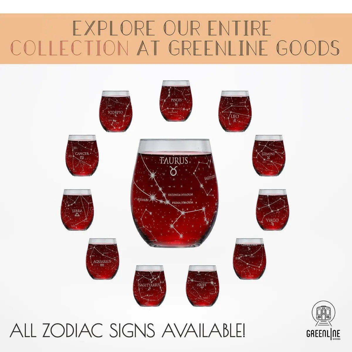 Greenline Goods Taurus Zodiac Stemless Wine Glasses 15 oz | Hand Etched Astrology Sign - view 6
