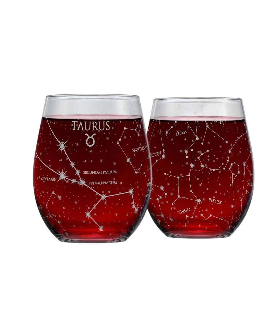 Greenline Goods Taurus Zodiac Stemless Wine Glasses 15 oz | Hand Etched Astrology Sign - main product image