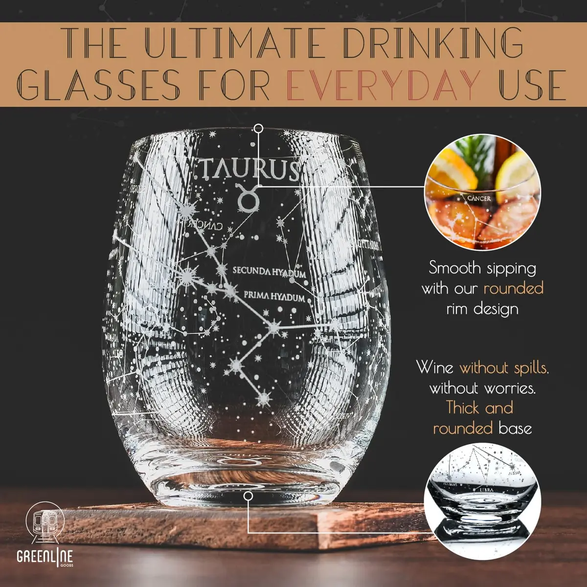 Greenline Goods Taurus Zodiac Stemless Wine Glasses 15 oz | Hand Etched Astrology Sign - view 2