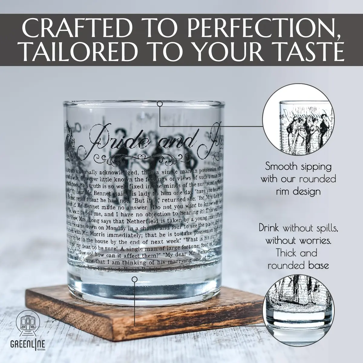 Greenline Goods Pride and Prejudice Whiskey Glasses Set of 2 | 296 ml (10 fl oz) Rocks Glass - view 4