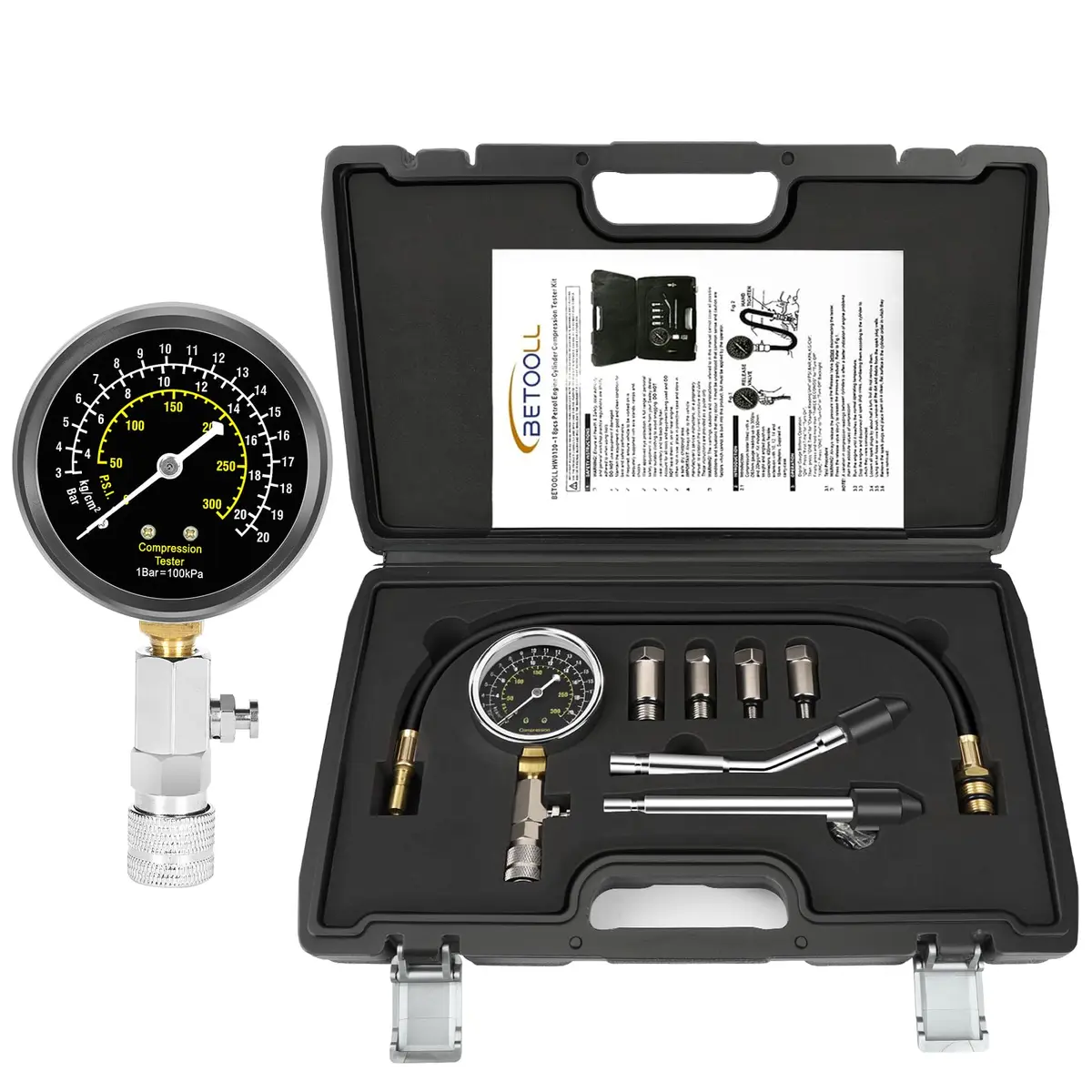 BETOOLL 8pcs Petrol Engine Cylinder Compression Tester Kit | Durable Brass Adapters & Triple Range Gauge - main product image
