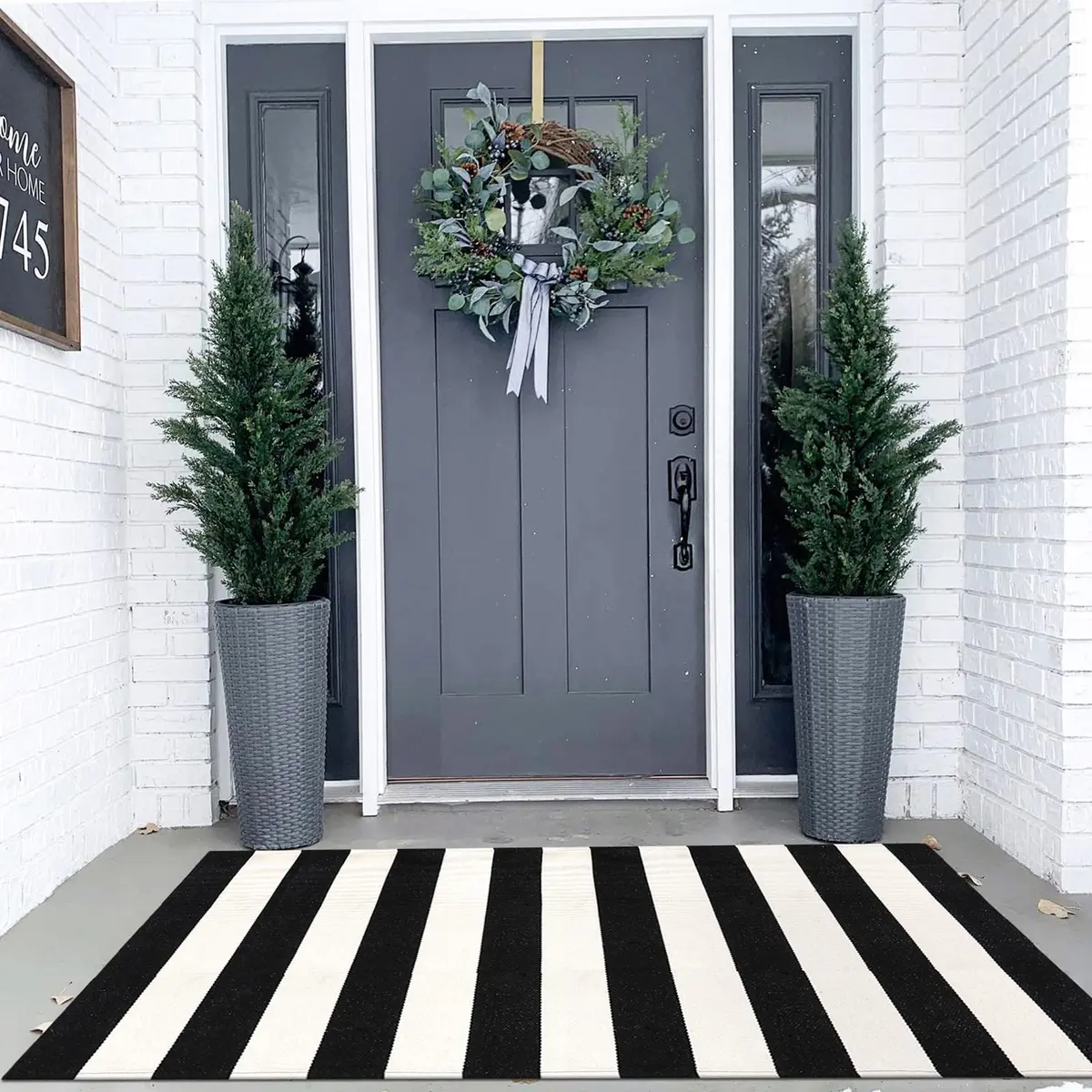 LEEVAN Black and White Striped Outdoor Rug 3x5 | Washable Front Porch Rug - view 8
