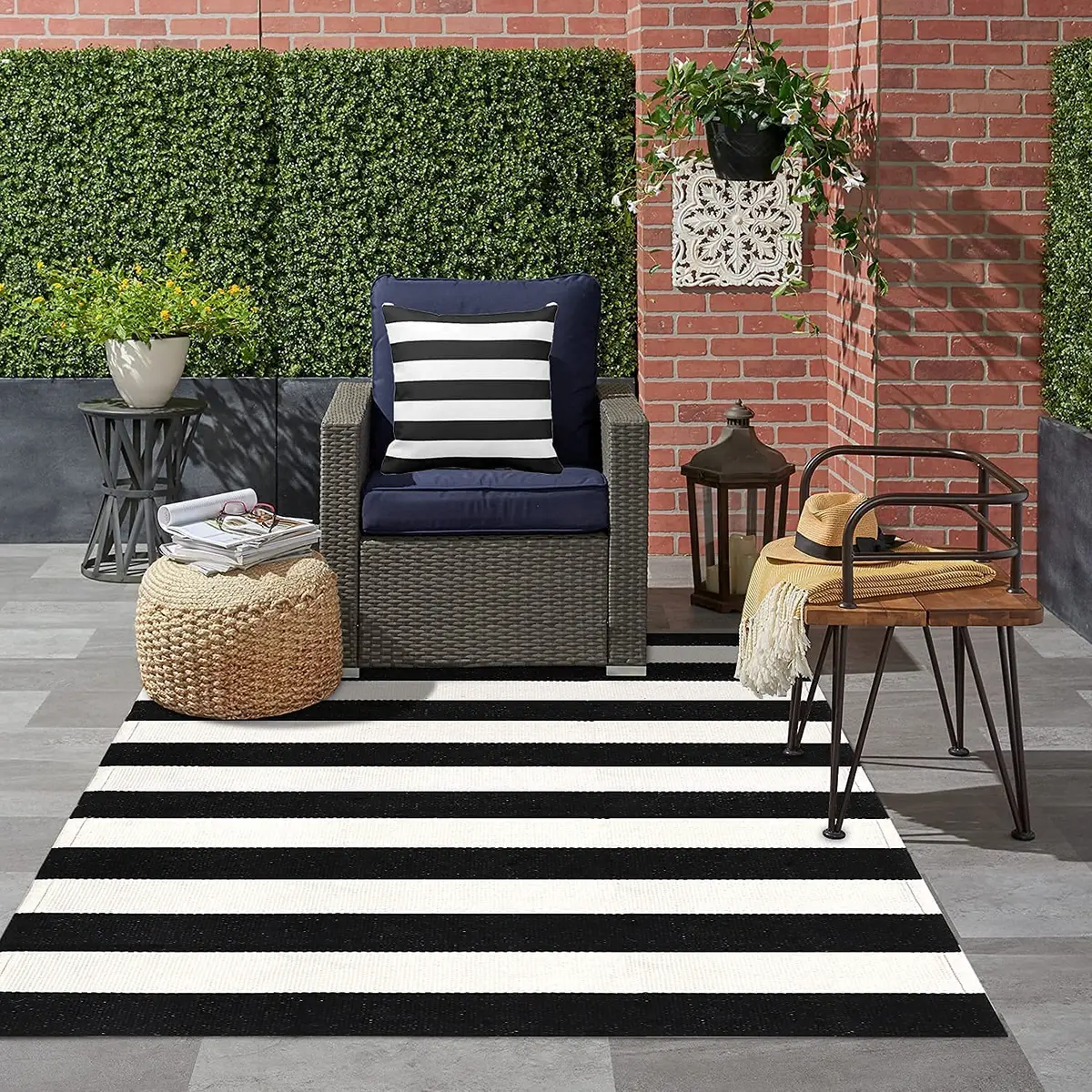LEEVAN Black and White Striped Outdoor Rug 3x5 | Washable Front Porch Rug - view 10