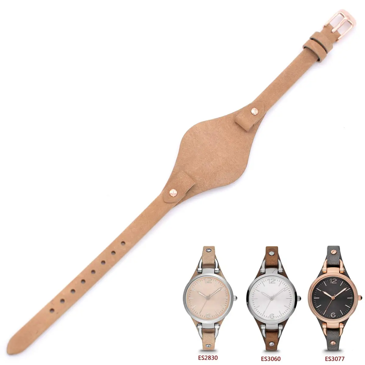 bullish 8mm Genuine Leather Watch Strap Replacement for Fossil Watches, 210mm (8.27 in) | Beige Genuine Cowhide Leather with Stainless Steel Buckle - main product image