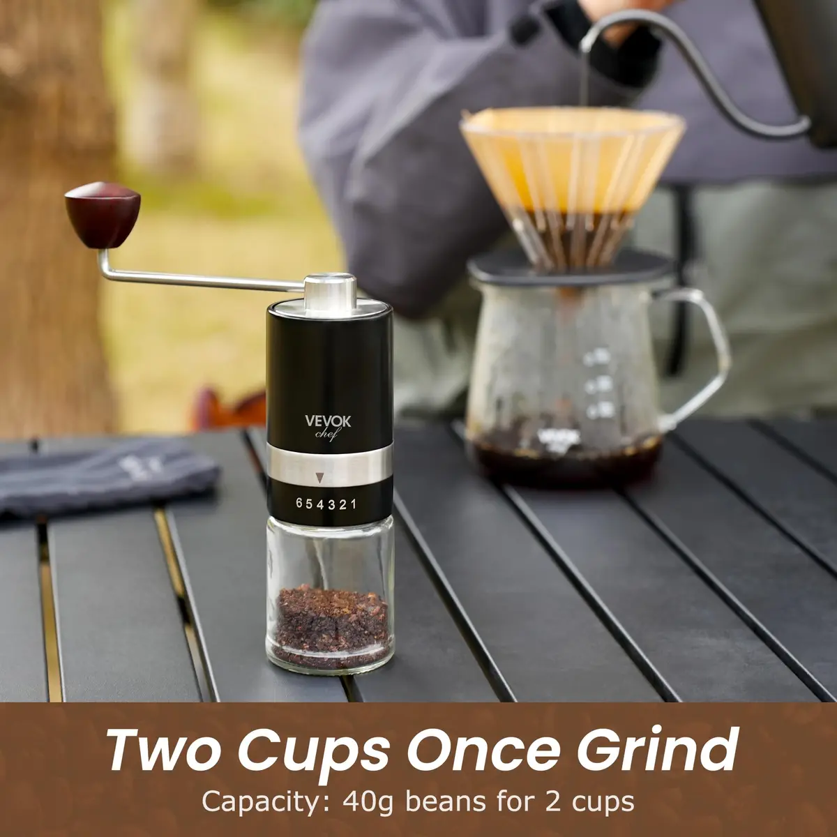 VEVOK CHEF Manual Coffee Grinder 6 Settings | Stainless Steel Conical Burr Portable Hand Crank Fine for Espresso - view 5