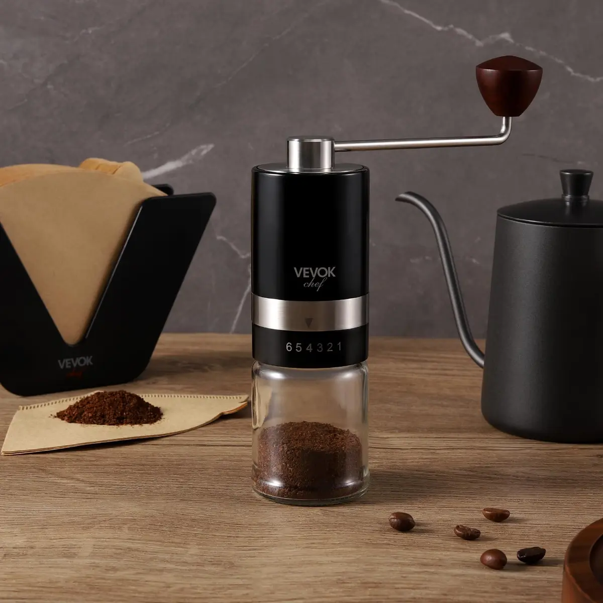 VEVOK CHEF Manual Coffee Grinder 6 Settings | Stainless Steel Conical Burr Portable Hand Crank Fine for Espresso - view 7