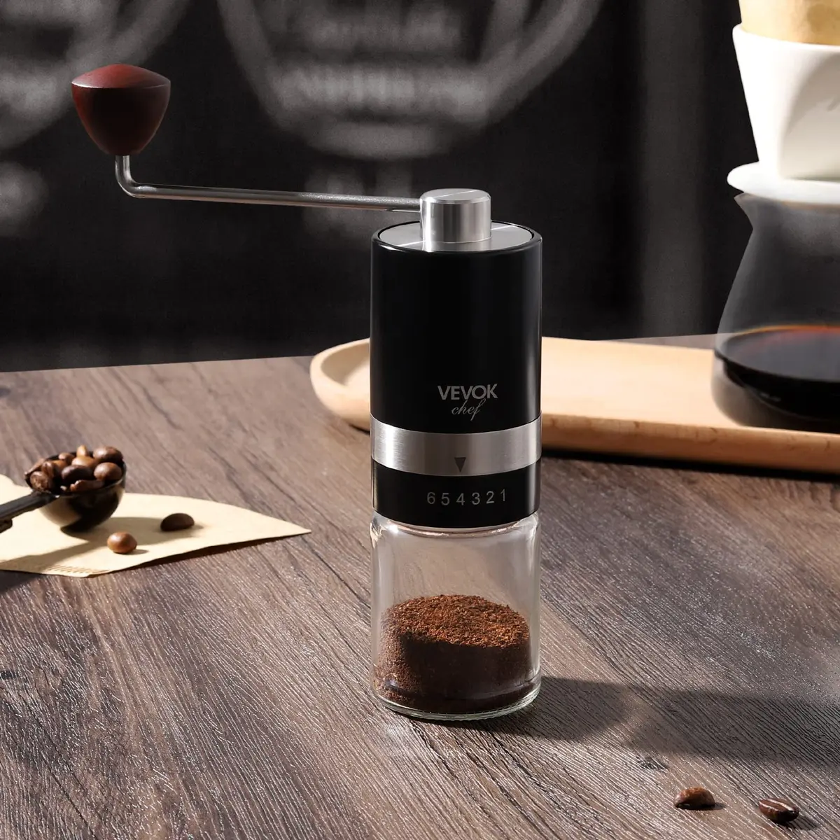 VEVOK CHEF Manual Coffee Grinder 6 Settings | Stainless Steel Conical Burr Portable Hand Crank Fine for Espresso - view 8