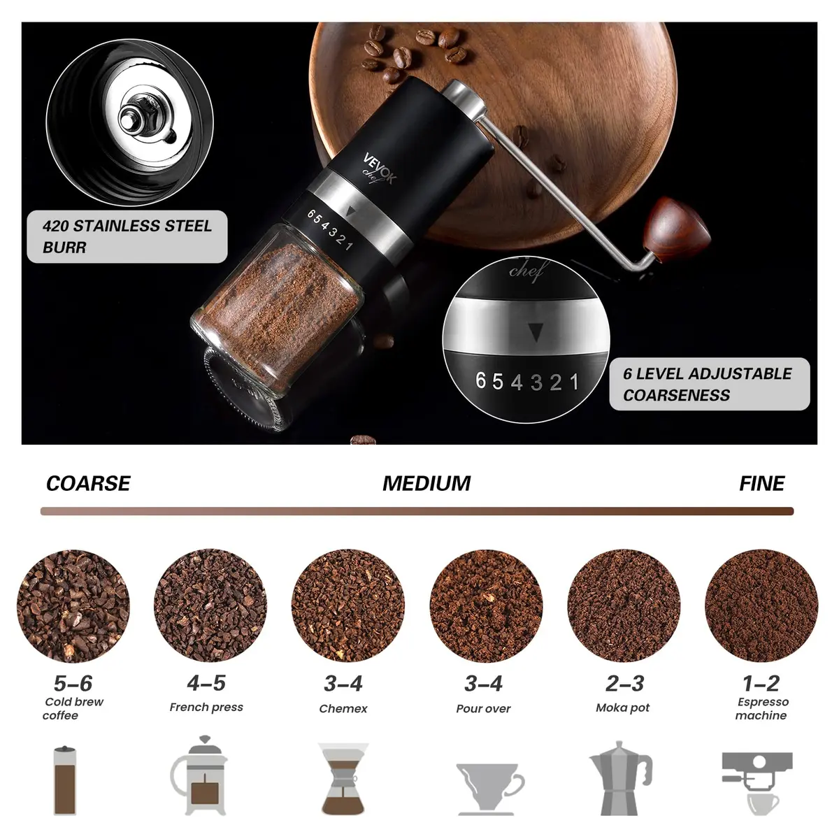 VEVOK CHEF Manual Coffee Grinder 6 Settings | Stainless Steel Conical Burr Portable Hand Crank Fine for Espresso - view 2