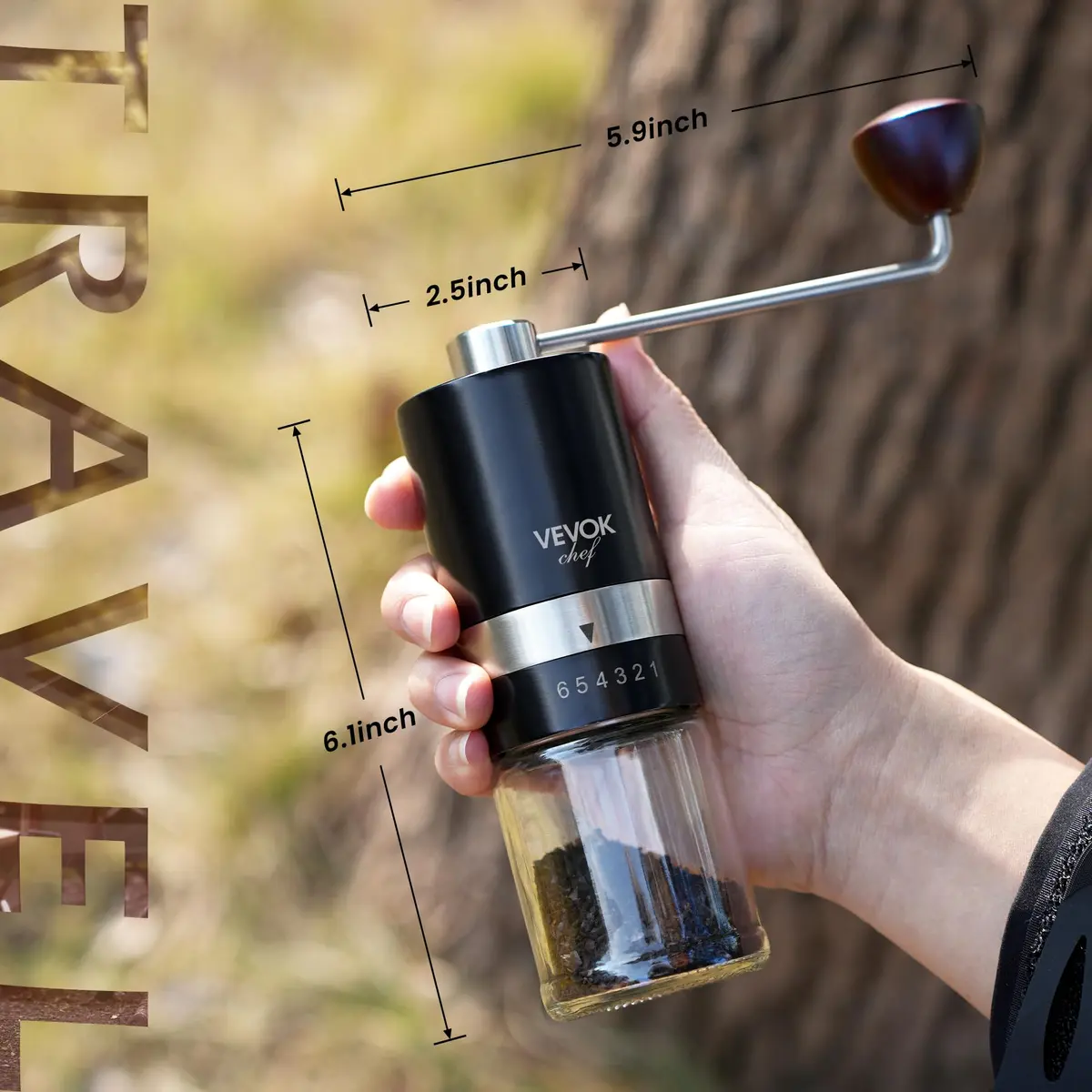 VEVOK CHEF Manual Coffee Grinder 6 Settings | Stainless Steel Conical Burr Portable Hand Crank Fine for Espresso - view 3