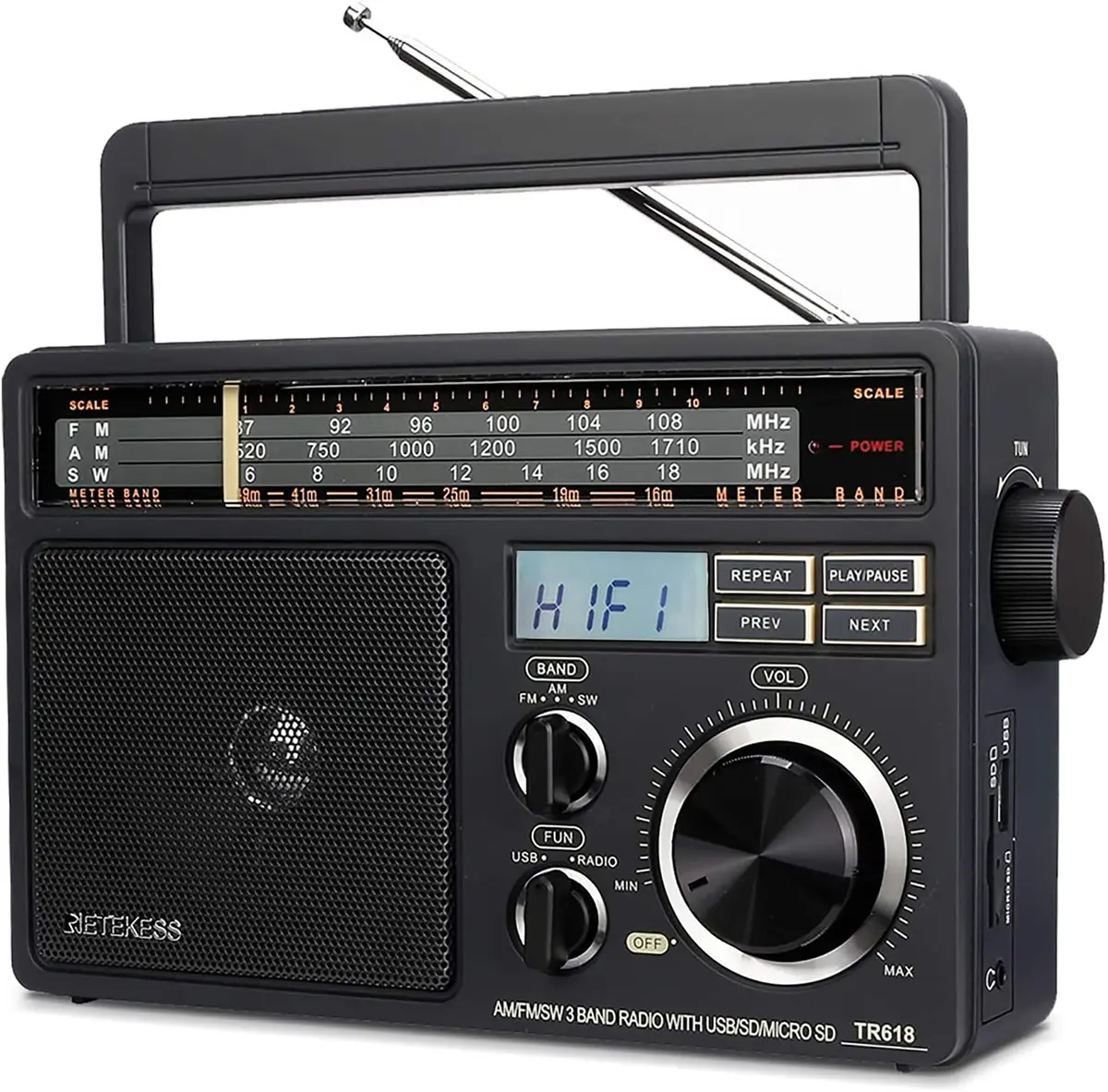 Retekess TR618 Portable AM FM Shortwave Radio with MP3 Support | Elder-Friendly Handle, Large Dial, 3.5mm Jack - main product image