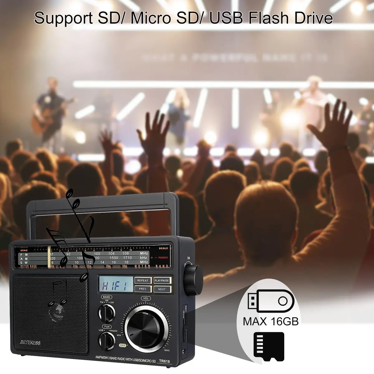 Retekess TR618 Portable AM FM Shortwave Radio with MP3 Support | Elder-Friendly Handle, Large Dial, 3.5mm Jack - view 7
