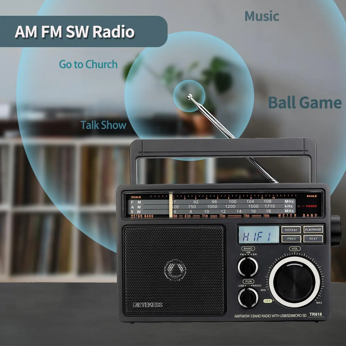 Retekess TR618 Portable AM FM Shortwave Radio with MP3 Support | Elder-Friendly Handle, Large Dial, 3.5mm Jack - view 2
