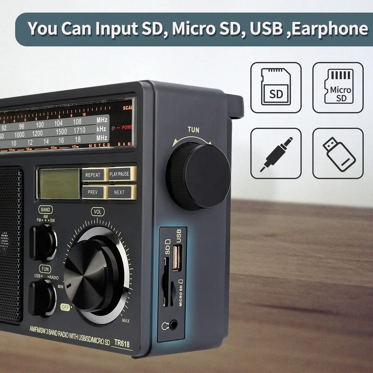 Retekess TR618 Portable AM FM Shortwave Radio with MP3 Support | Elder-Friendly Handle, Large Dial, 3.5mm Jack - view 3