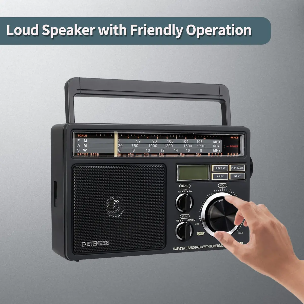 Retekess TR618 Portable AM FM Shortwave Radio with MP3 Support | Elder-Friendly Handle, Large Dial, 3.5mm Jack - view 4