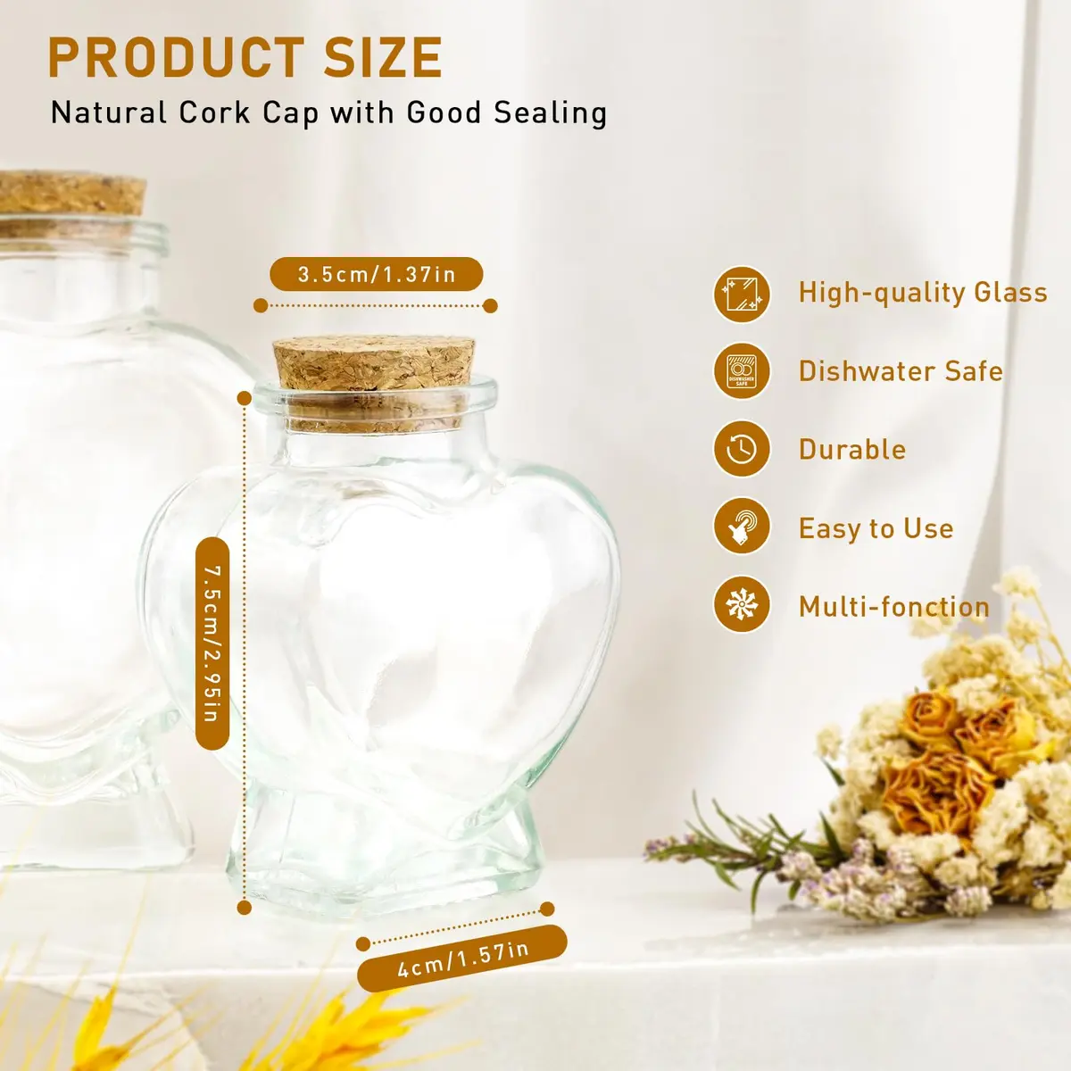 FJNATINH Heart Glass Bottle with Cork Stopper 50ml | Love Shape Decor - view 2