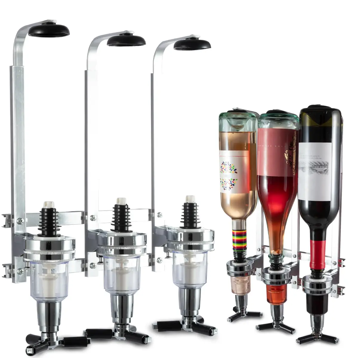 MUGLIO 3 Bottle Wall Mounted Liquor Dispenser Silver | Modern Bar Butler Bracket for Home Bars - main product image