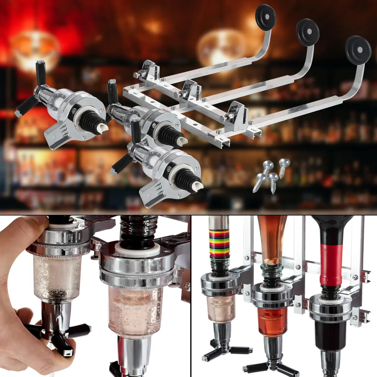 MUGLIO 3 Bottle Wall Mounted Liquor Dispenser Silver | Modern Bar Butler Bracket for Home Bars - view 2