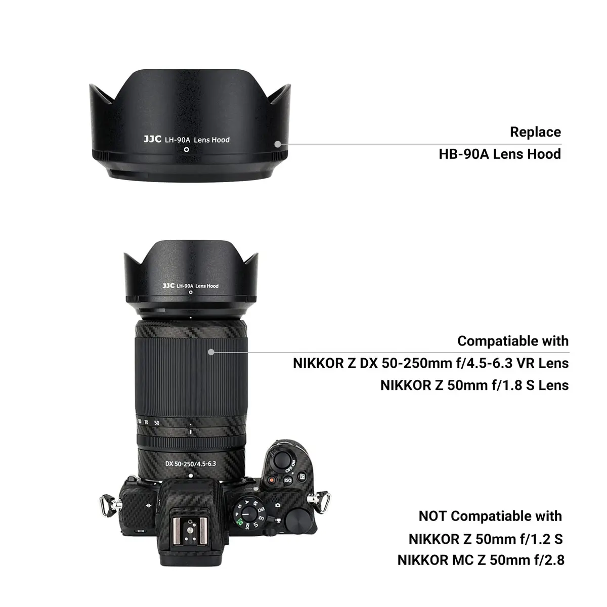 JJC Lens Hood for Nikon NIKKOR Z DX 50-250mm f/4.5-6.3 VR & Z 50mm f/1.8 S Lens | Reversible Shade Replace HB-90A - view 2