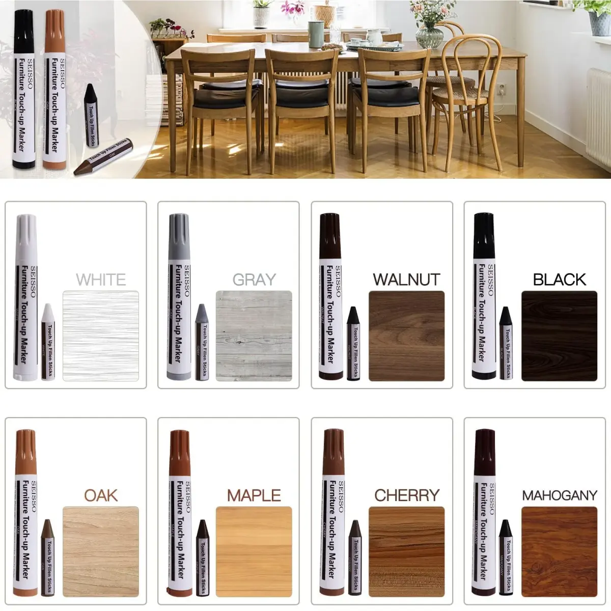 SEISSO Furniture Repair Kit 17PCS Wood Markers & Wax Sticks | Touch Up Scratches & Stains - view 2