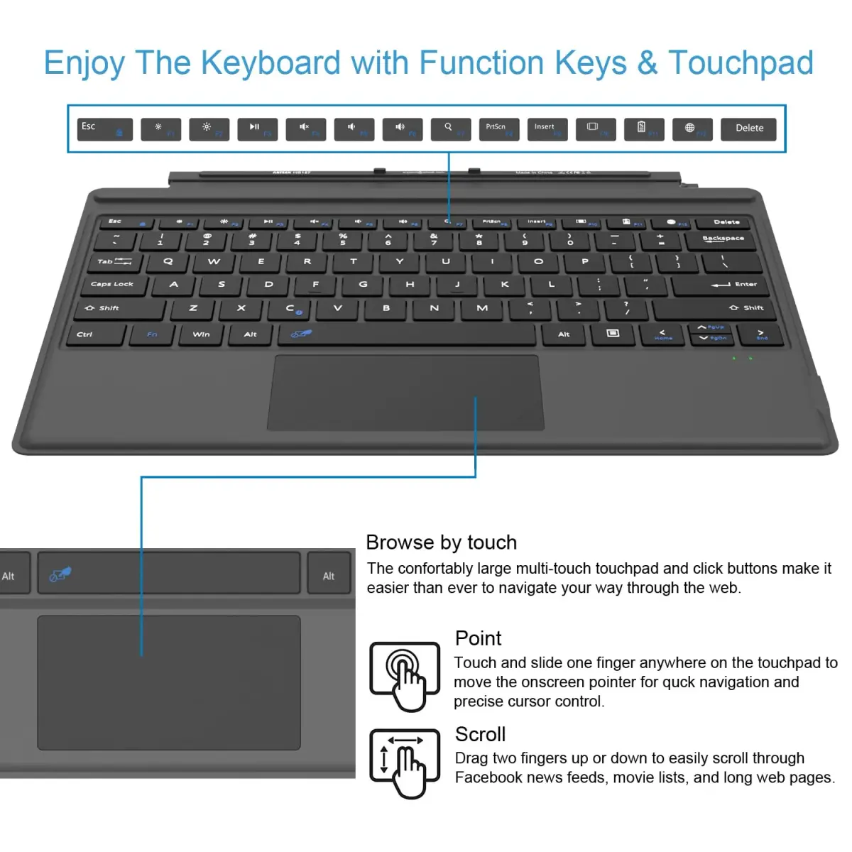 Arteck Bluetooth Keyboard for Microsoft Surface Pro 7/6/5/4/3 | Ultra-Slim Portable Wireless Keyboard with Touchpad - view 3