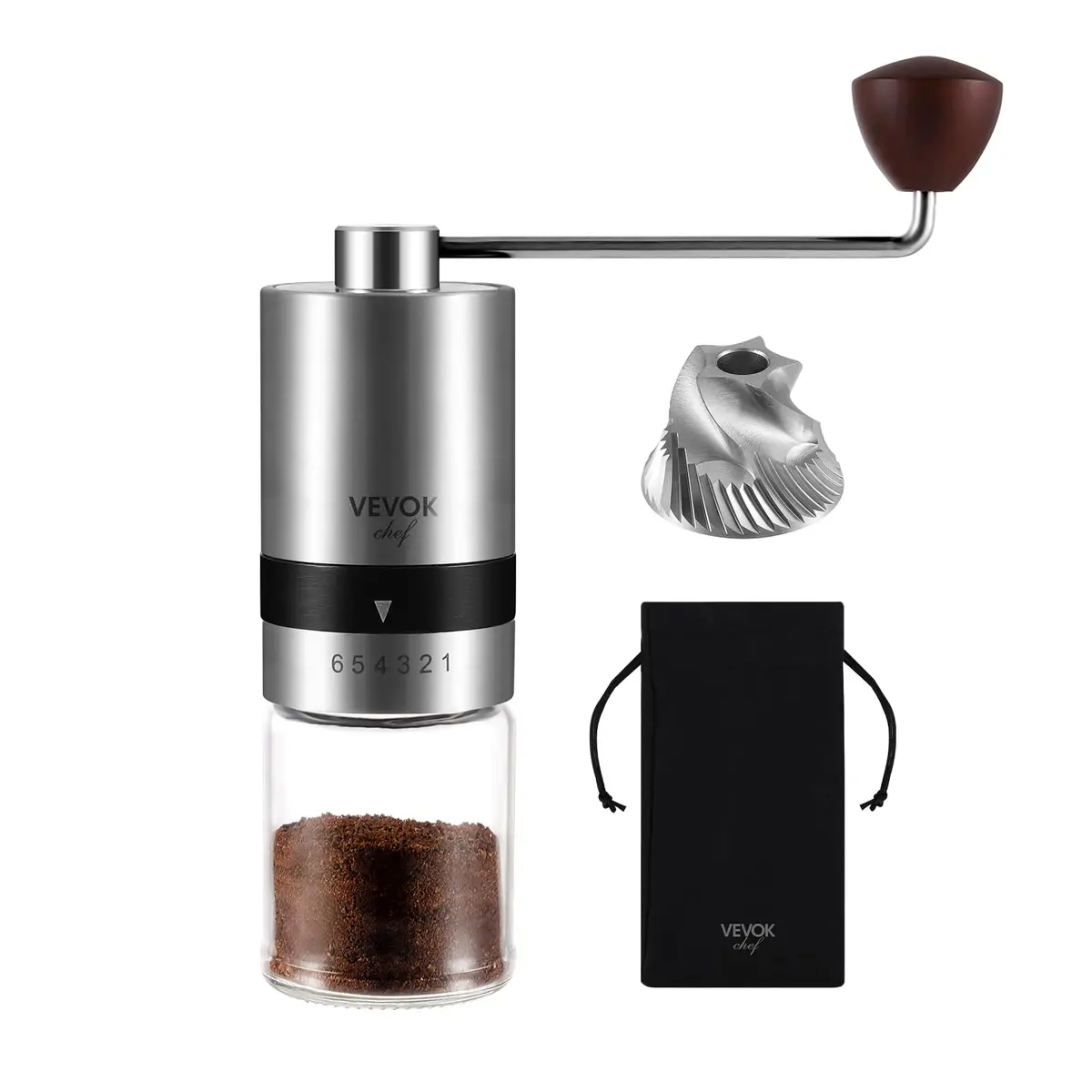 VEVOK CHEF Manual Coffee Grinder Stainless Steel Burr Grinder 48g | 6 Adjustable Settings for Home & Travel - main product image