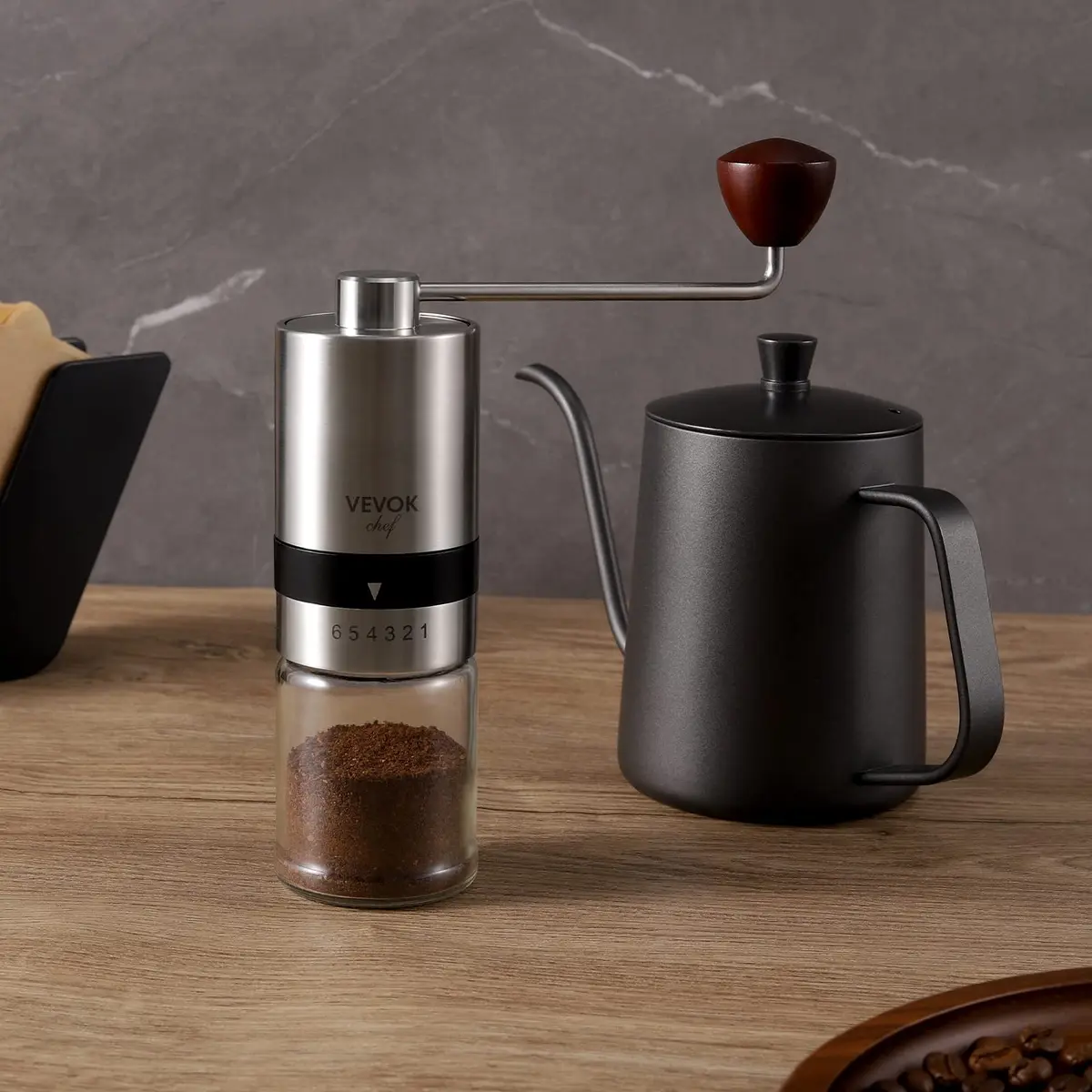 VEVOK CHEF Manual Coffee Grinder Stainless Steel Burr Grinder 48g | 6 Adjustable Settings for Home & Travel - view 7