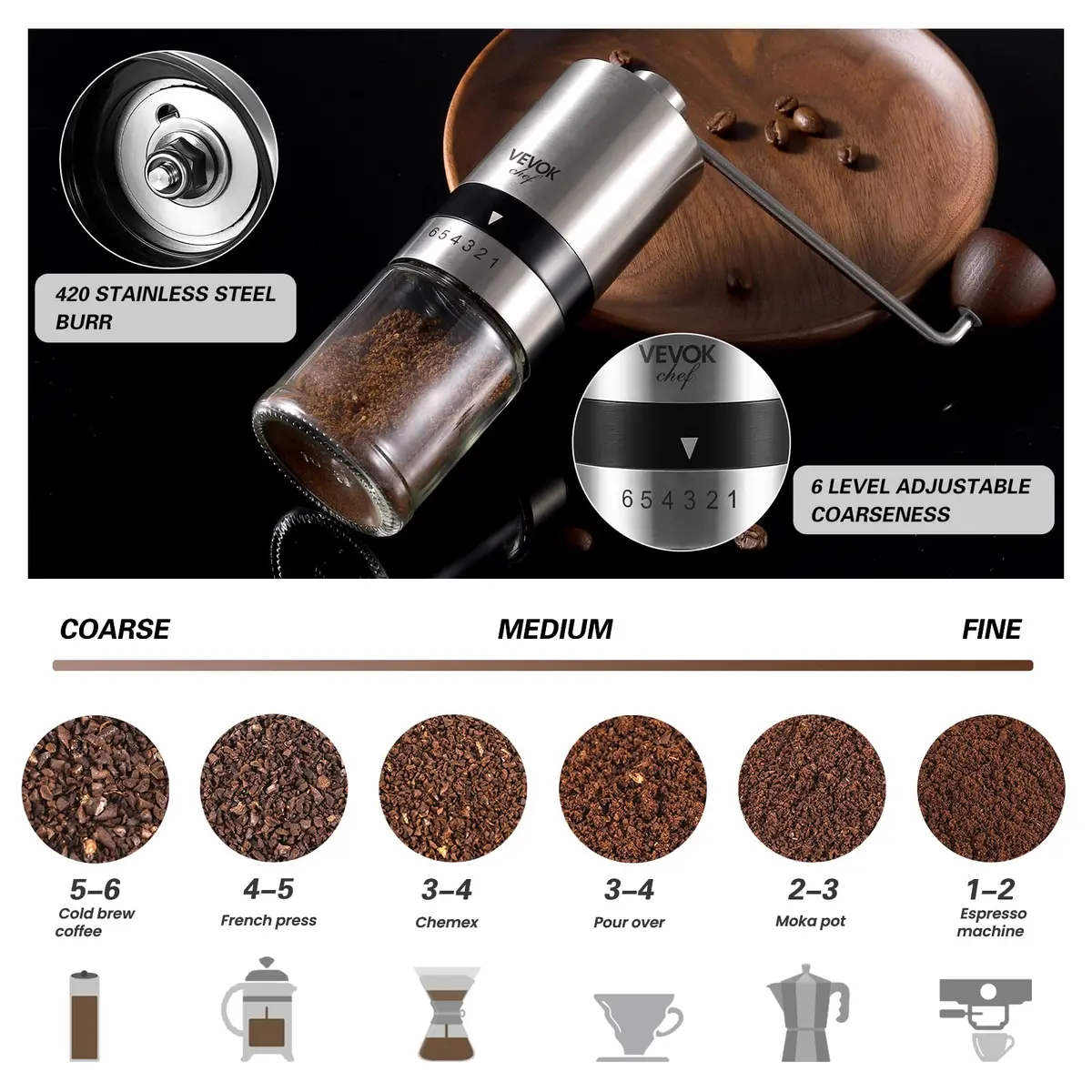 VEVOK CHEF Manual Coffee Grinder Stainless Steel Burr Grinder 48g | 6 Adjustable Settings for Home & Travel - view 2