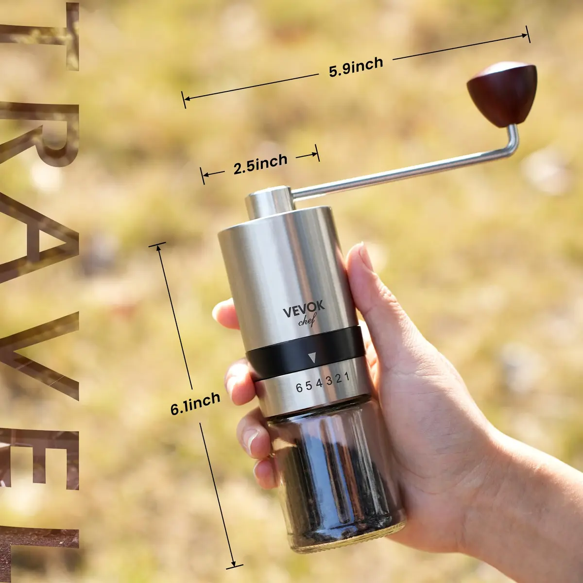 VEVOK CHEF Manual Coffee Grinder Stainless Steel Burr Grinder 48g | 6 Adjustable Settings for Home & Travel - view 3