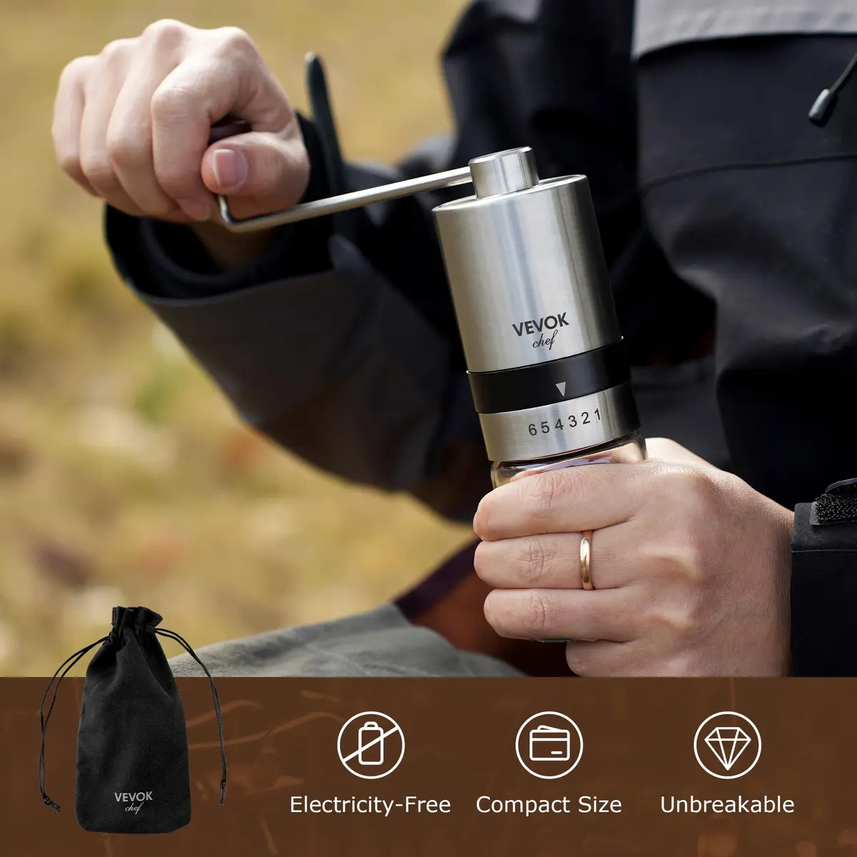 VEVOK CHEF Manual Coffee Grinder Stainless Steel Burr Grinder 48g | 6 Adjustable Settings for Home & Travel - view 4