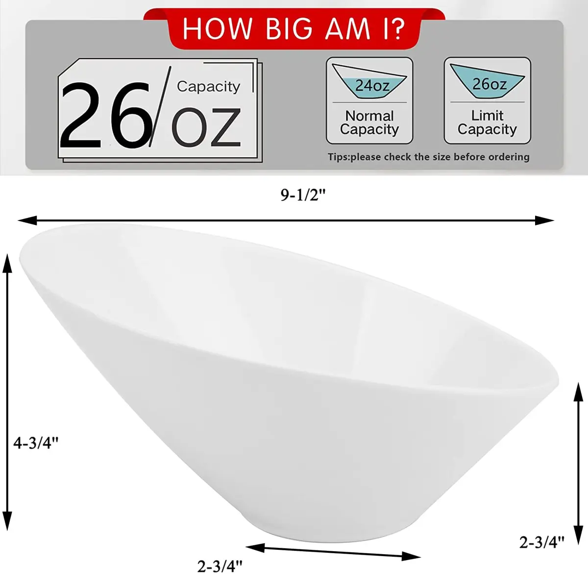 Yesland 24oz White Ceramic Serving Bowls Set of 2 | Angled Salad Pasta Bowls for Kitchen & Restaurant Use - view 2