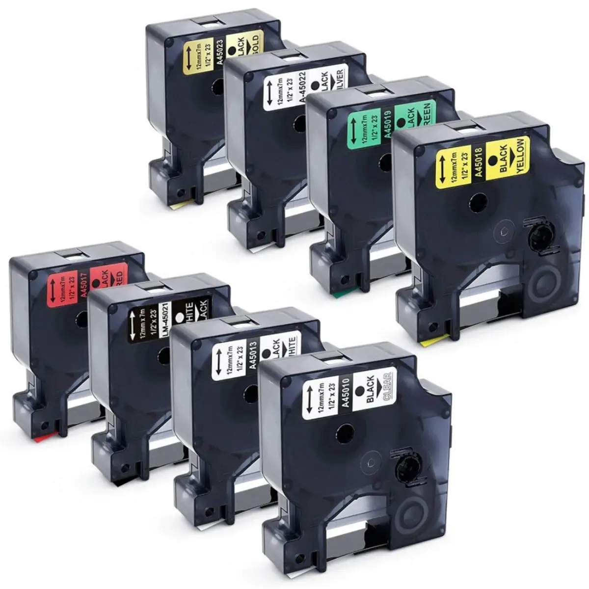 LabelPros Compatible Dymo D1 Label Tape 12mm (0.47 Inch) x 7m (23 Feet) — 8-Pack | Black on Clear/White/Red/Yellow/Green/Silver/Gold on Black - main product image