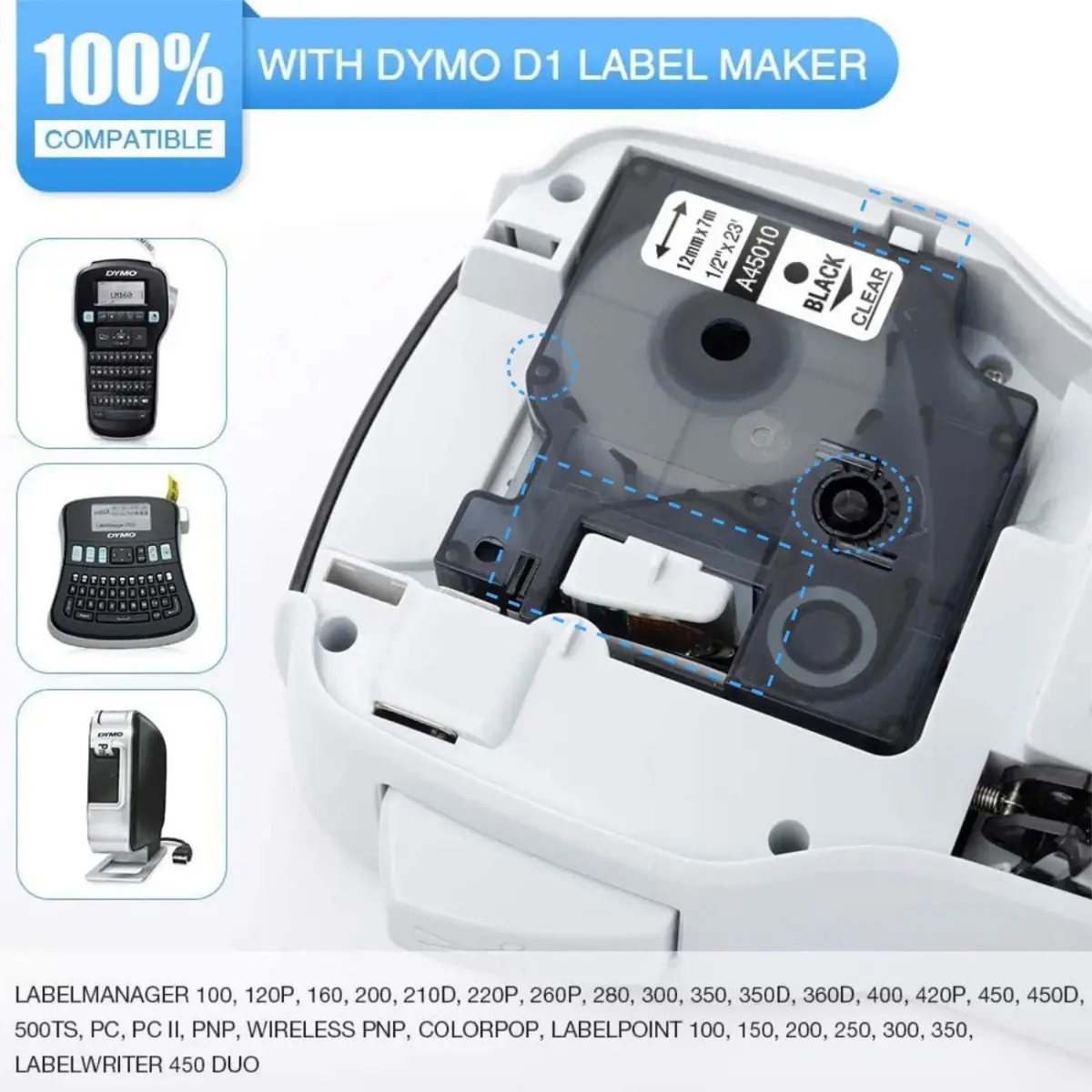 LabelPros Compatible Dymo D1 Label Tape 12mm (0.47 Inch) x 7m (23 Feet) — 8-Pack | Black on Clear/White/Red/Yellow/Green/Silver/Gold on Black - view 2