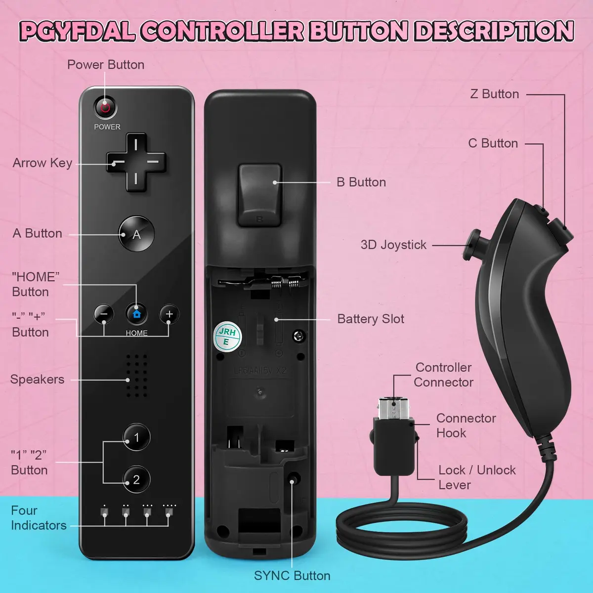 PGYFDAL Wii Remote Controller 2 Pack Black and Red | Bluetooth Wireless Gamepad with Nunchuk & Silicone Case - view 6