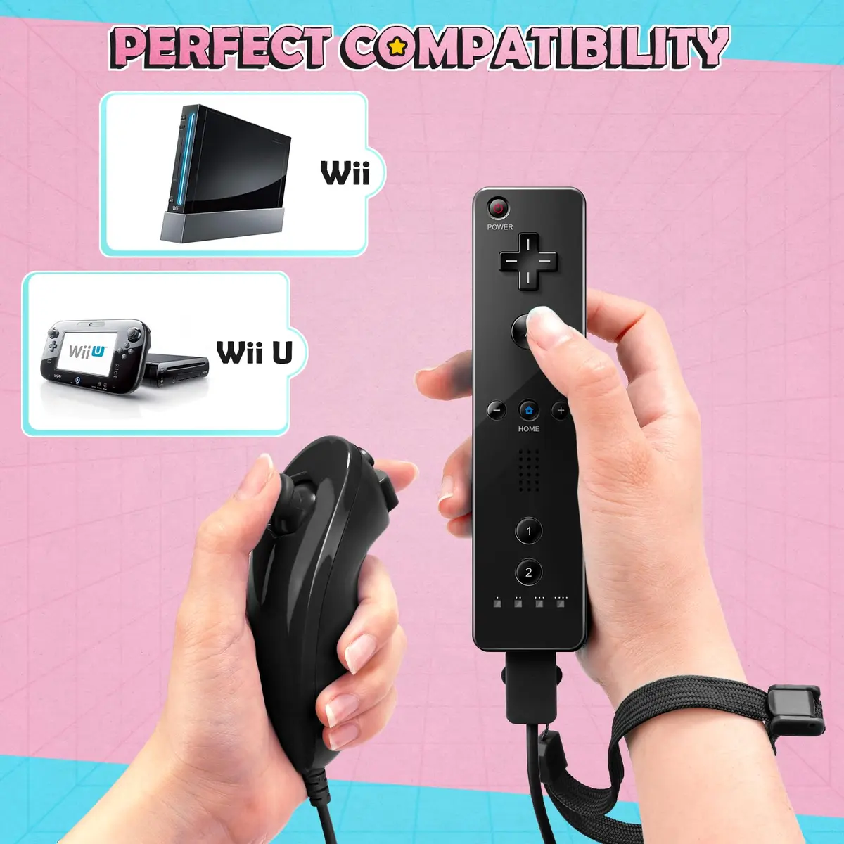 PGYFDAL Wii Remote Controller 2 Pack Black and Red | Bluetooth Wireless Gamepad with Nunchuk & Silicone Case - view 3