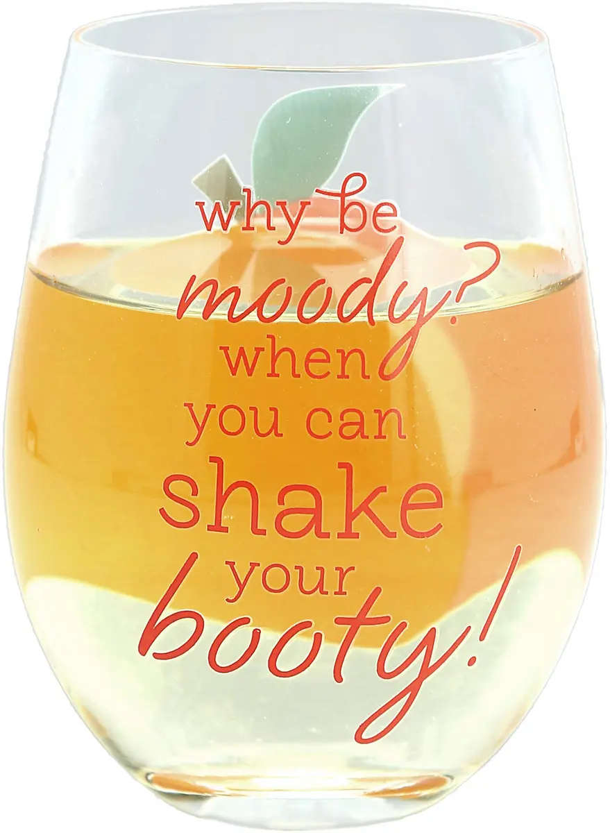 Pavilion Gift Company Why Be Moody? When You Can Shake Your Booty! Stemless Wine Glass 266ml (8.5 fl oz) | Fun Peach Patterned Drinkware - main product image