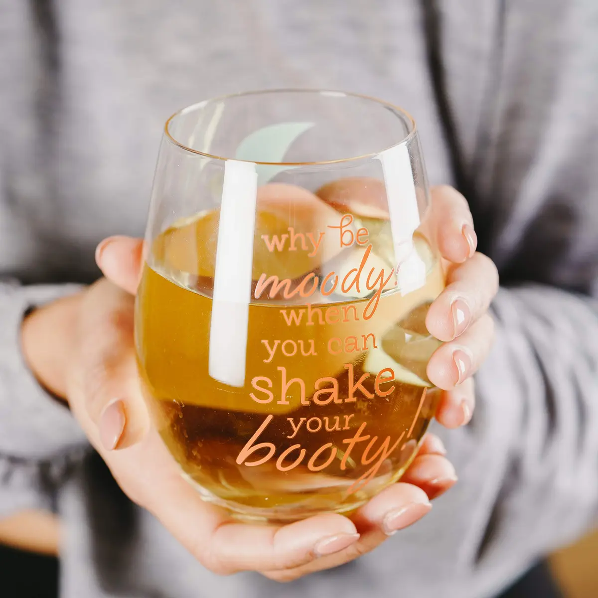 Pavilion Gift Company Why Be Moody? When You Can Shake Your Booty! Stemless Wine Glass 266ml (8.5 fl oz) | Fun Peach Patterned Drinkware - view 7