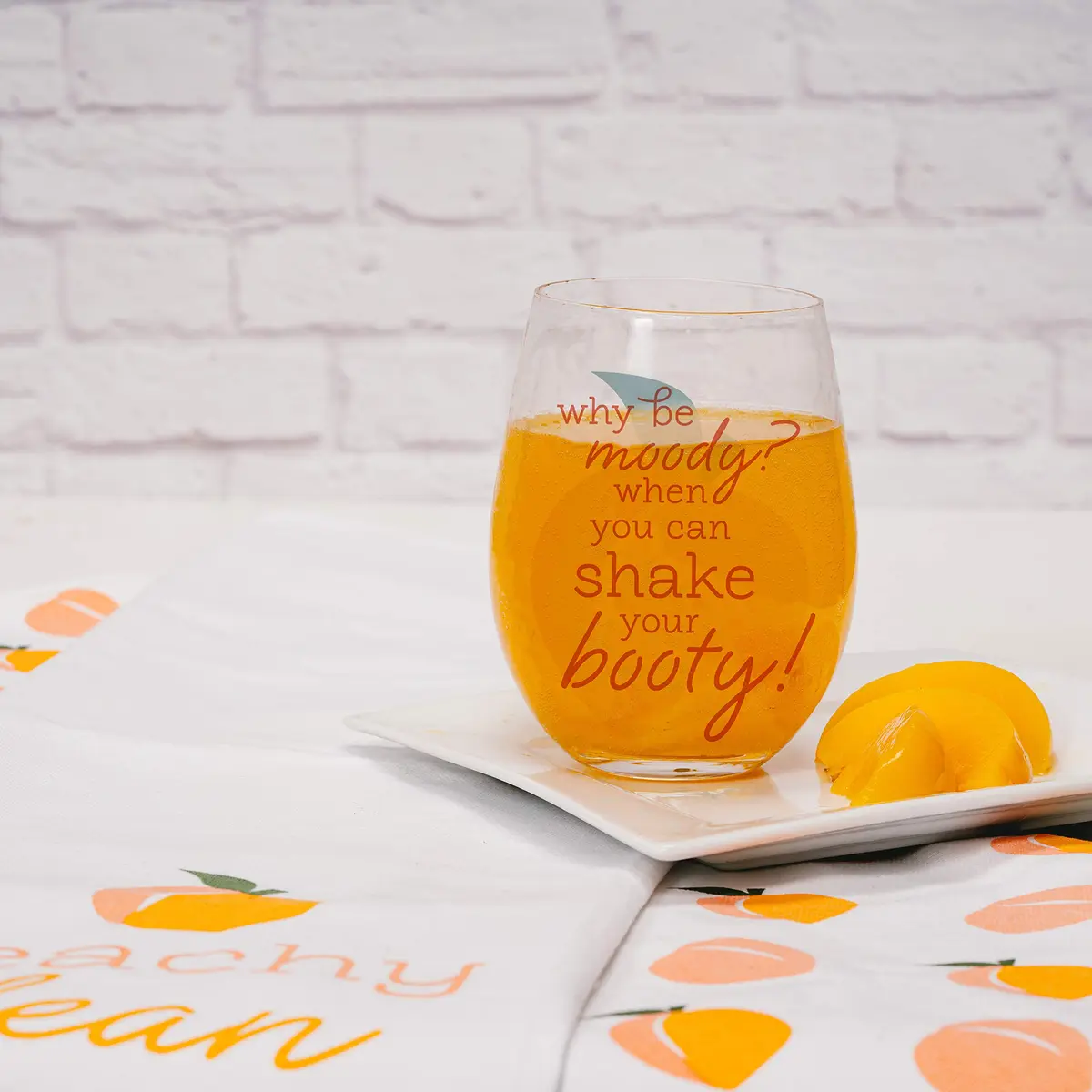 Pavilion Gift Company Why Be Moody? When You Can Shake Your Booty! Stemless Wine Glass 266ml (8.5 fl oz) | Fun Peach Patterned Drinkware - view 8