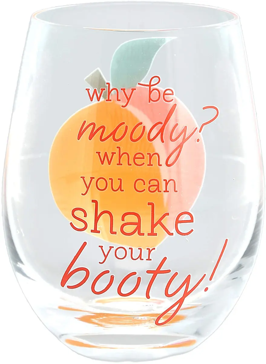 Pavilion Gift Company Why Be Moody? When You Can Shake Your Booty! Stemless Wine Glass 266ml (8.5 fl oz) | Fun Peach Patterned Drinkware - view 2