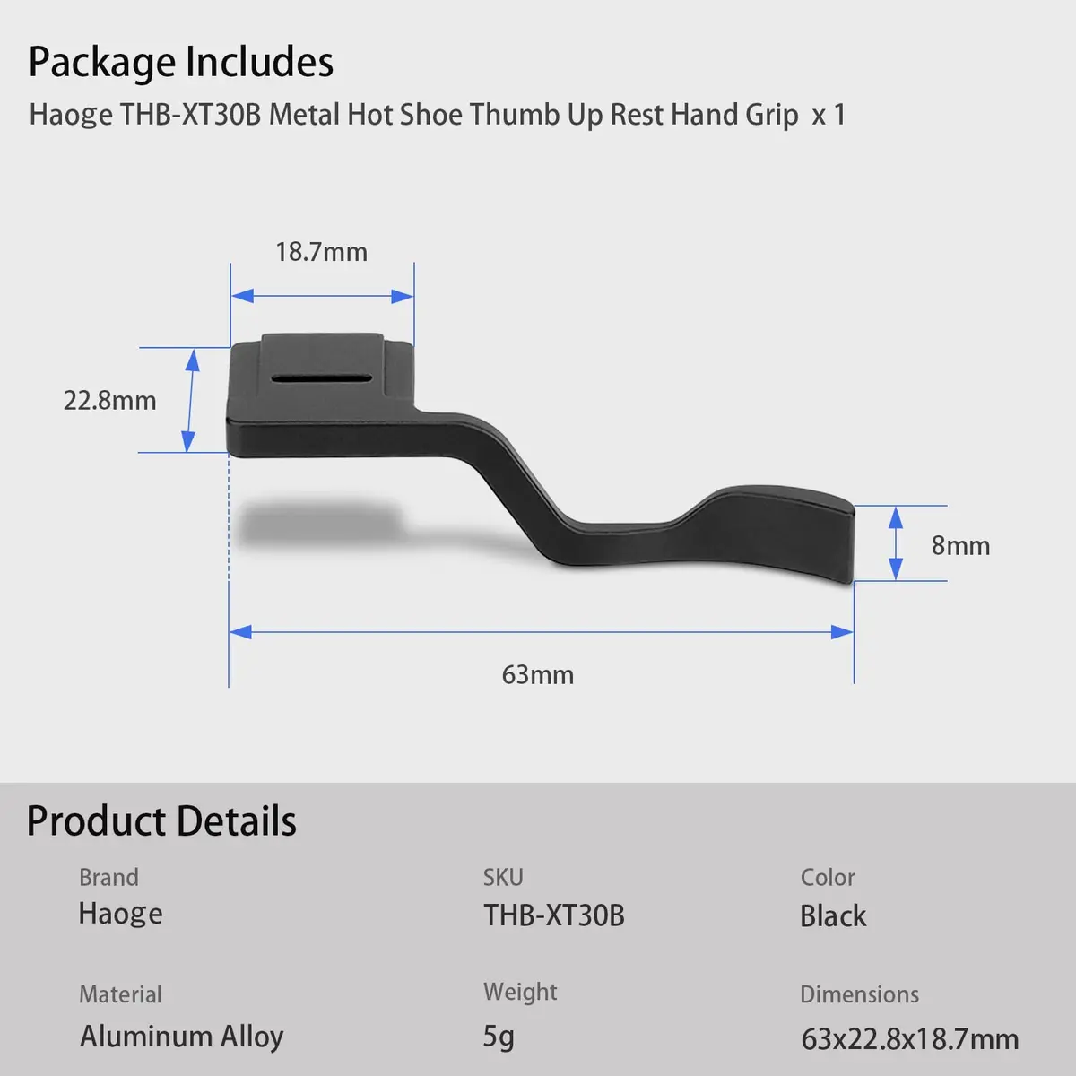 Haoge THB-XT30B Metal Hot Shoe Thumb Up Rest Hand Grip for Fujifilm XT50 XT30III Fuji X-T10 X-T20 X-T30 XT10 XT20 XT30 II III Camera Black - view 8