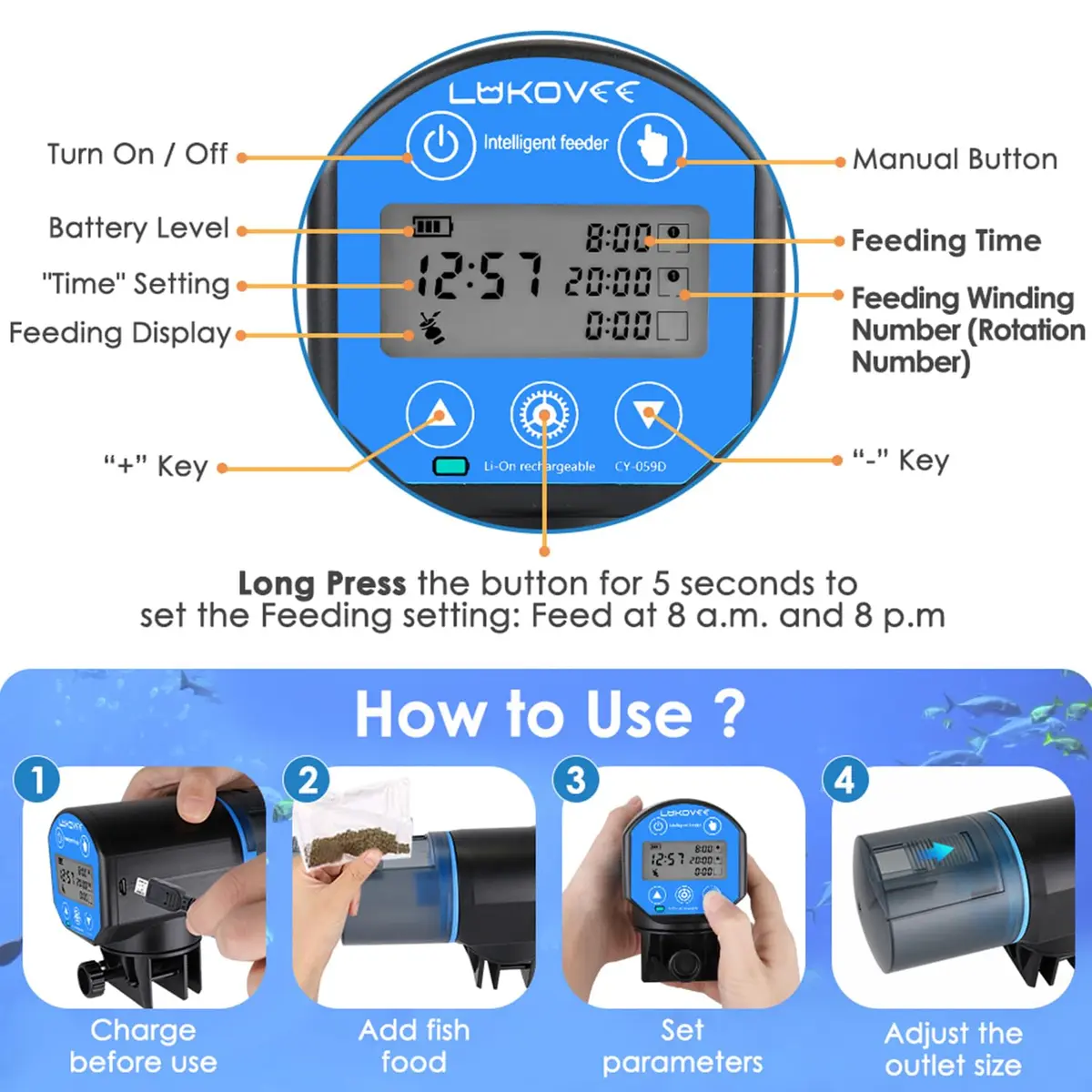 Lukovee Automatic Fish Feeder 200ML | Digital Timer, USB Rechargeable, Easy Setup for Fish & Turtles - view 5
