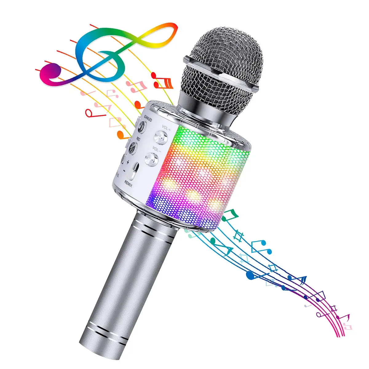 BlueFire 4-in-1 Karaoke Wireless Microphone with LED Lights, Portable Microphone for Kids, Girls, Boys & Adults (Silver) | Rechargeable Bluetooth Speaker & Recorder - main product image