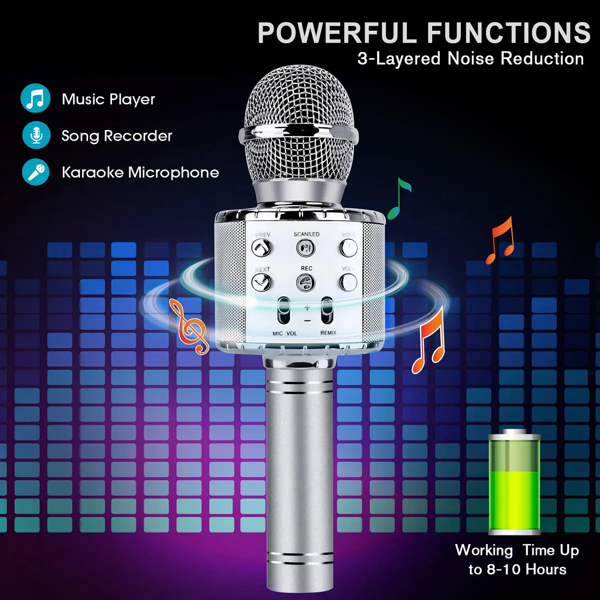 BlueFire 4-in-1 Karaoke Wireless Microphone with LED Lights, Portable Microphone for Kids, Girls, Boys & Adults (Silver) | Rechargeable Bluetooth Speaker & Recorder - view 5